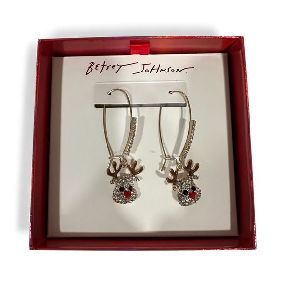 Betsey Johnson Reindeer Dangle Earrings Gold Tone Rhinestone Crystal Holiday - Picture 1 of 4